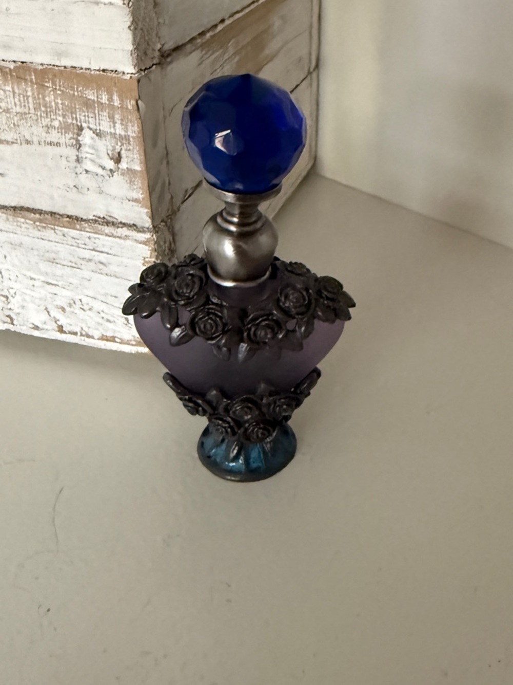 Vtg. Flower Frosted Lavender W/Cobalt Blue Stopper Anointing Oil Bottle (Empty)